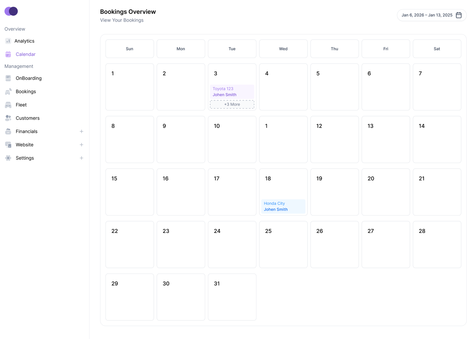 A calendar view showing synced rental bookings