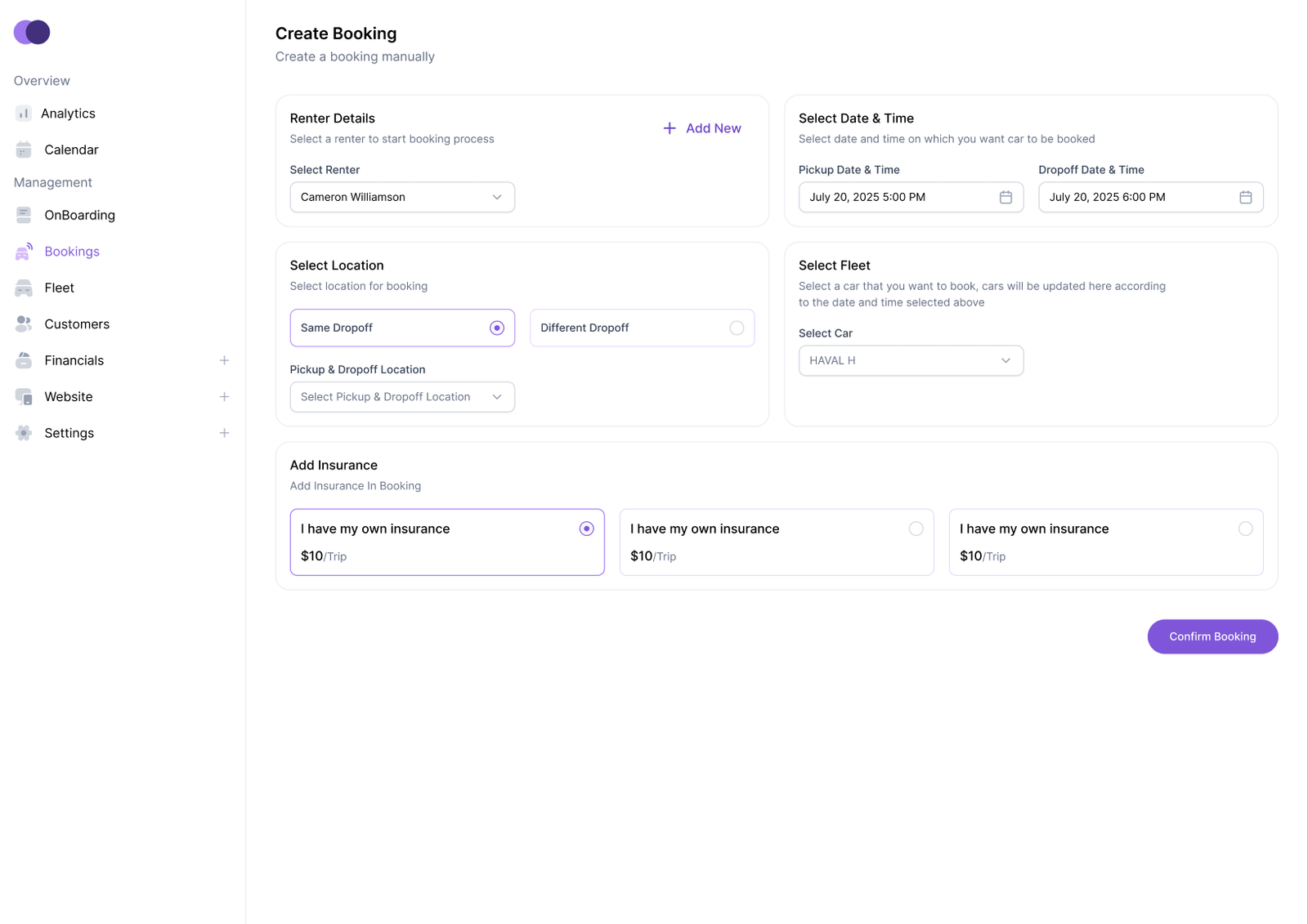 An insurance and rental coverage summary screen