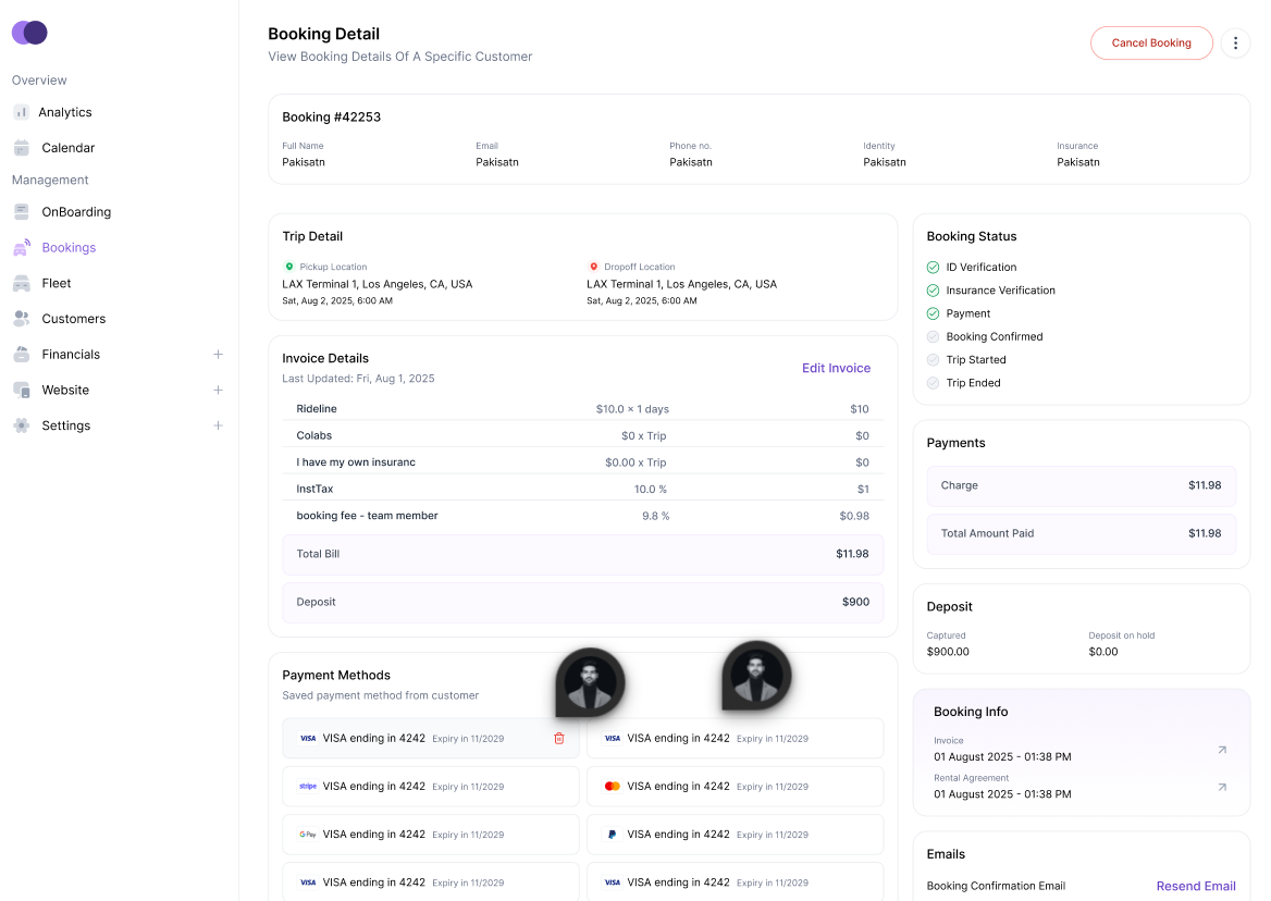 A booking detail screen showing renter verification information