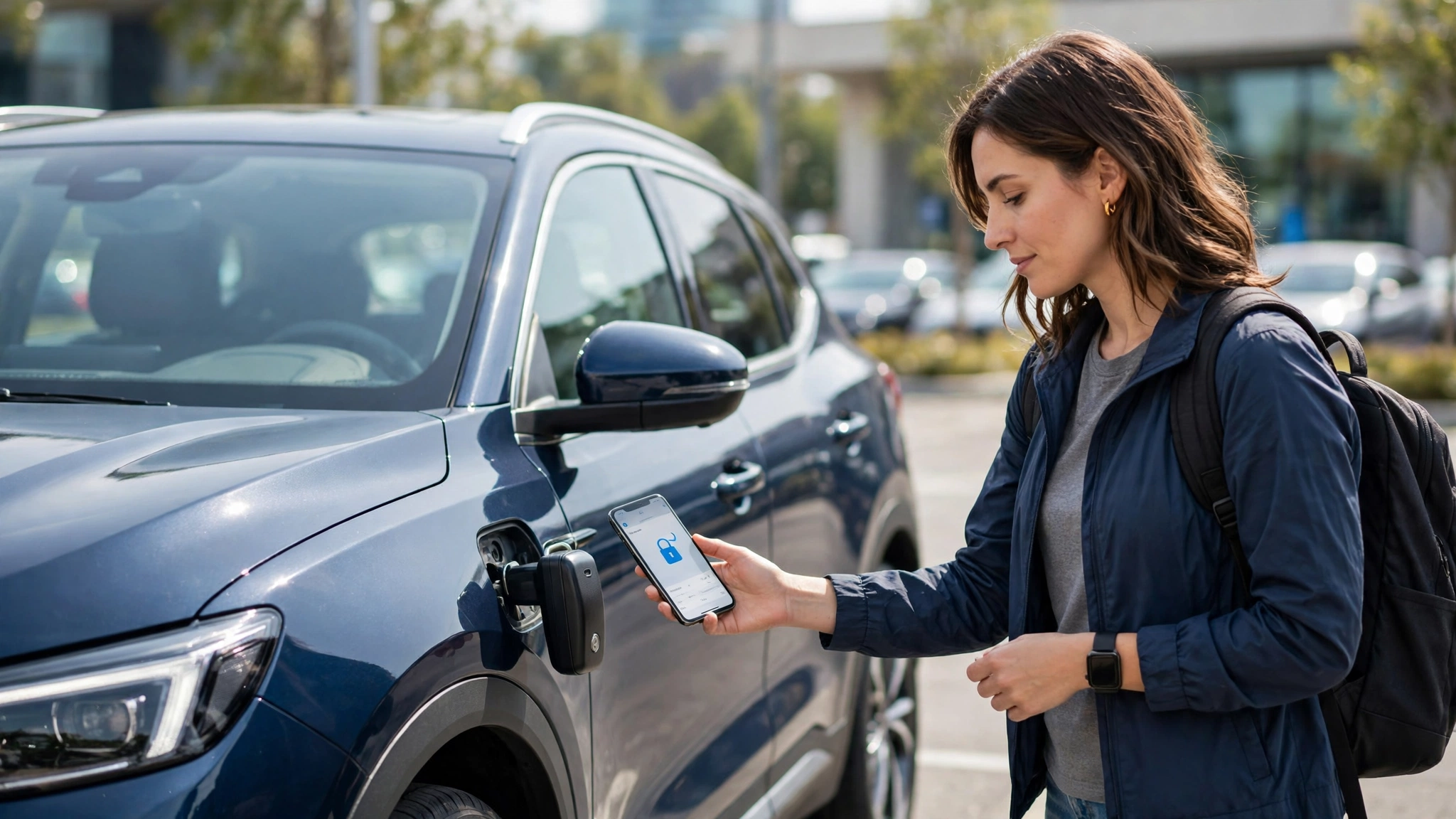 A renter beside a car at a contactless pickup