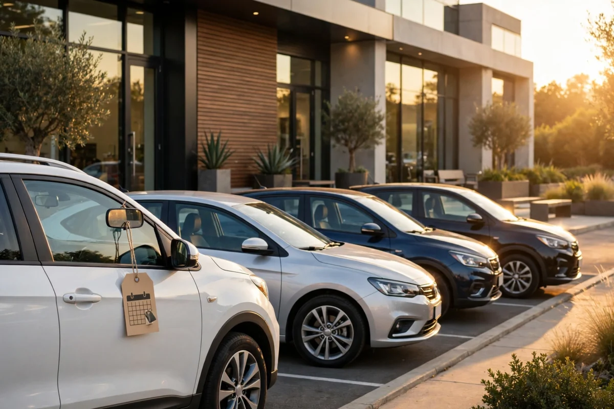 Rental cars parked outside a building, ready for weekend trips