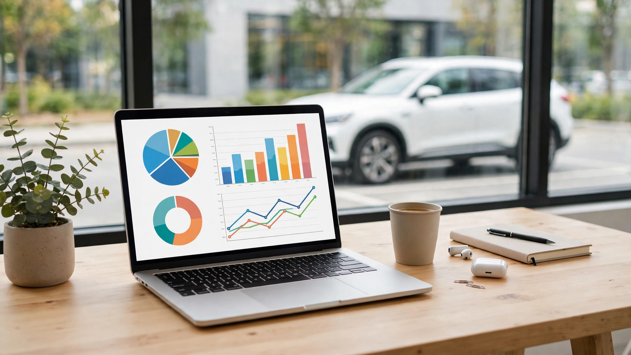 A laptop showing revenue charts and reports