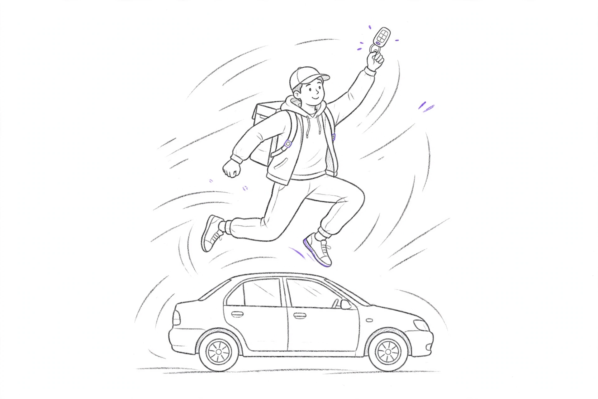 FleetyFit line illustration: driver holding a key fob for hourly and gig rentals.